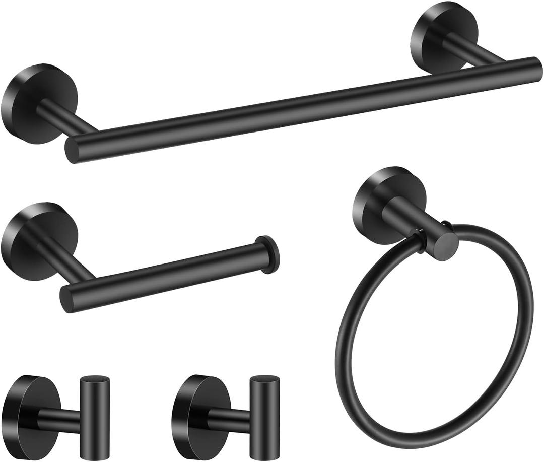 Towel Bar Set Mattel Black, Bathroom Accessories Set 5pcs Including 16'' Tower Bar, Towel Ring and 2 PCS Towel Hooks (Black-5pcs-16inch)