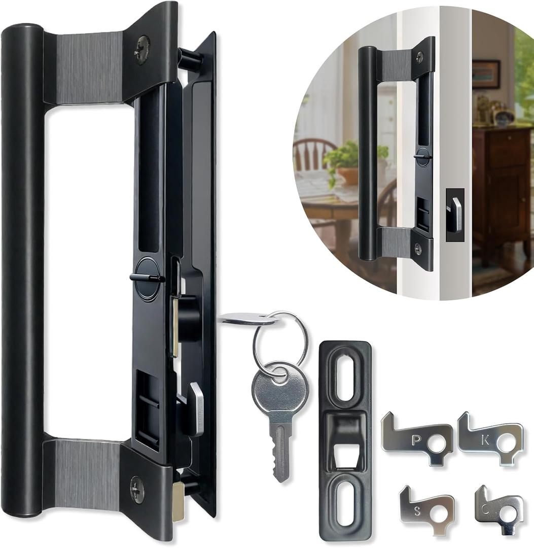 Sliding Glass Door Handle Set with Lock - Easy to Install,Patio Sliding Door Handle Fits for 1 to 1-1/8 Door Thickness,6-5/8" Screw Hole Spacing,Perfectly Replacement for Old Handle(Black)