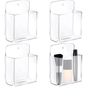 4 Pcs Acrylic Remote Control Holder Adhesive Wall Mount Phone Holder Clear Wall Mount Organizer Media Pen Storage Pen Phone Charging Storage Box for Home Office Living Room Bedroom