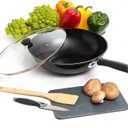 Moss & Stone 5 Pcs Carbon Wok Set, Carbon Steel Wok Pan 12 Inch Woks and Stir Fry Pans, Chinese Wok For Electric, Induction & Gas Stove With Glass Lid, Wok Spatula, Chopping Board & Paring Knife
