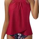 SUUKSESS Women Tummy Control Tankini Bathing Suit Ruffle High Waisted Swimsuit (Medium, 60 Red Floral)