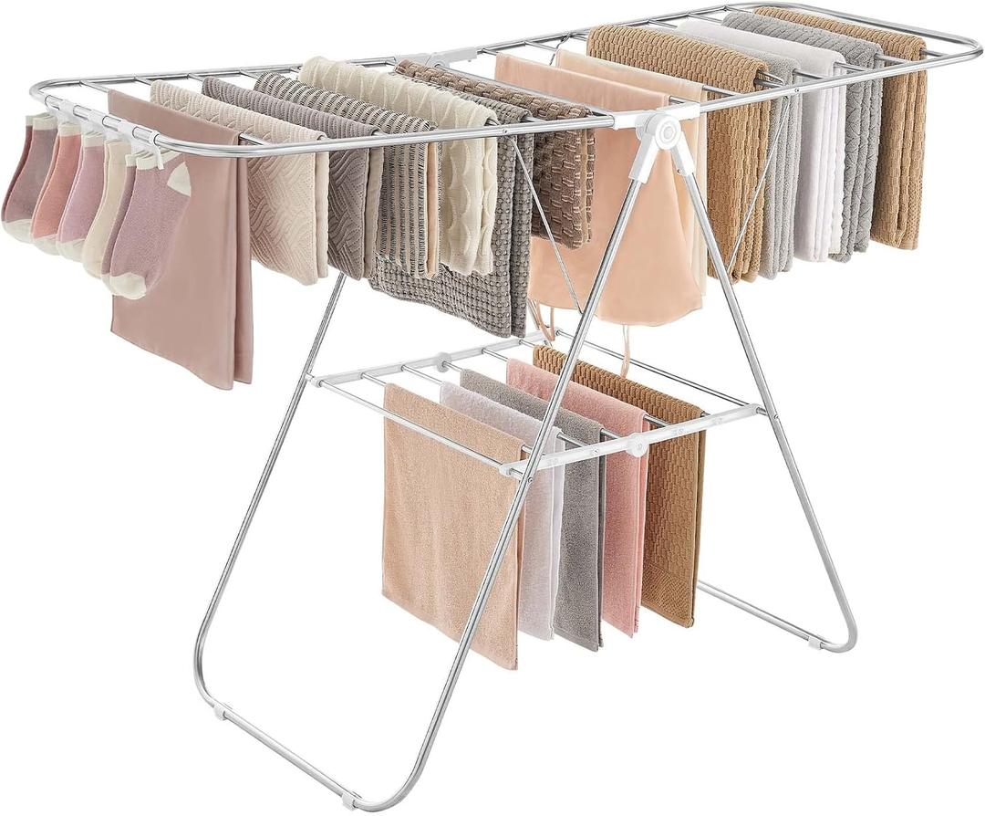 SONGMICS Clothes Drying Rack, with Sock Clips, Metal Laundry Rack, Foldable, Space-Saving, Free-Standing Airer, with 2 Height-Adjustable Gullwings, Indoor Outdoor Use, Silver and White ULLR052W01, 21.7"D x 58.3"W x 39.4"