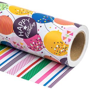 WRAPAHOLIC Reversible Birthday Wrapping Paper - Mini Roll - 17 Inch X 33 Feet - Colorful Balloon with Confetti Design for Birthday, Holiday, Party, Baby Shower