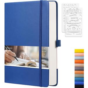 EMSHOI A5 Dotted Journal - 256 Pages with 120gsm Thick Dot Grid Paper, Hardcover Leather Dotted Notebook, 16 Perforated Pages, Pen Loop & Inner Pocket, for Bullet Journaling, 5.75 x 8.38, Blue