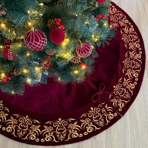 60-Inch Victorian Velvet Christmas Tree Skirt with Gold Damask Embroidery and Plush Lace Ties, Burgundy