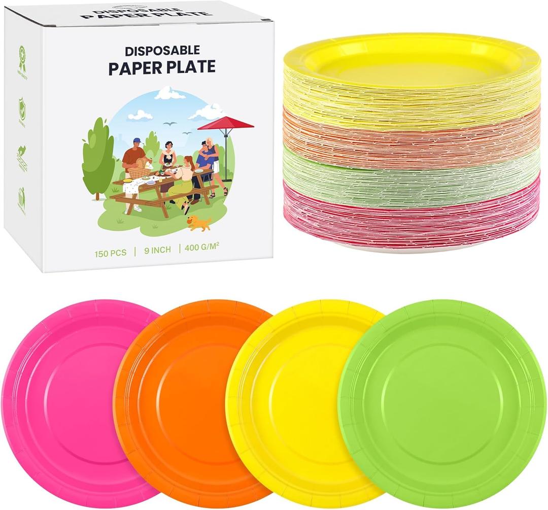 150 Pieces Neon Disposable Paper Plates 9 Inch Heavy Duty Dinner Plates, Solid Color, Table Decorations Party Supplies for Birthdays, Weddings, Daily Use