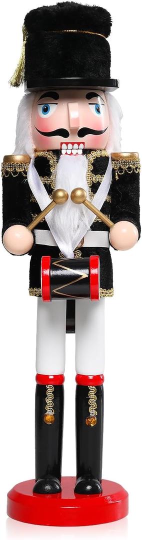 Nutcracker Christmas Decor, 15 Inch Wooden Drummer Soldier Figures, Christmas Nutcrackers Gift Festive Collectible for Indoor Home Shelves Table Desktop Mantel Fireplace Decorations, Black