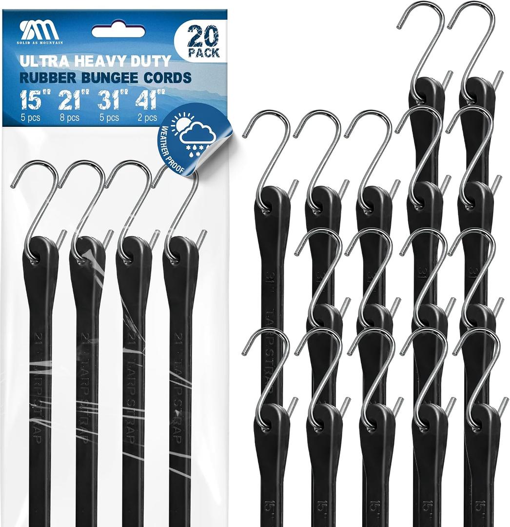 Solid As Mountain Bungee Cords with Hooks 20 Pack Heavy Duty Black Rubber Tarp Straps 15", 21", 31", 41" for Cargo, Camping & Luggage, 180 lbs Load
