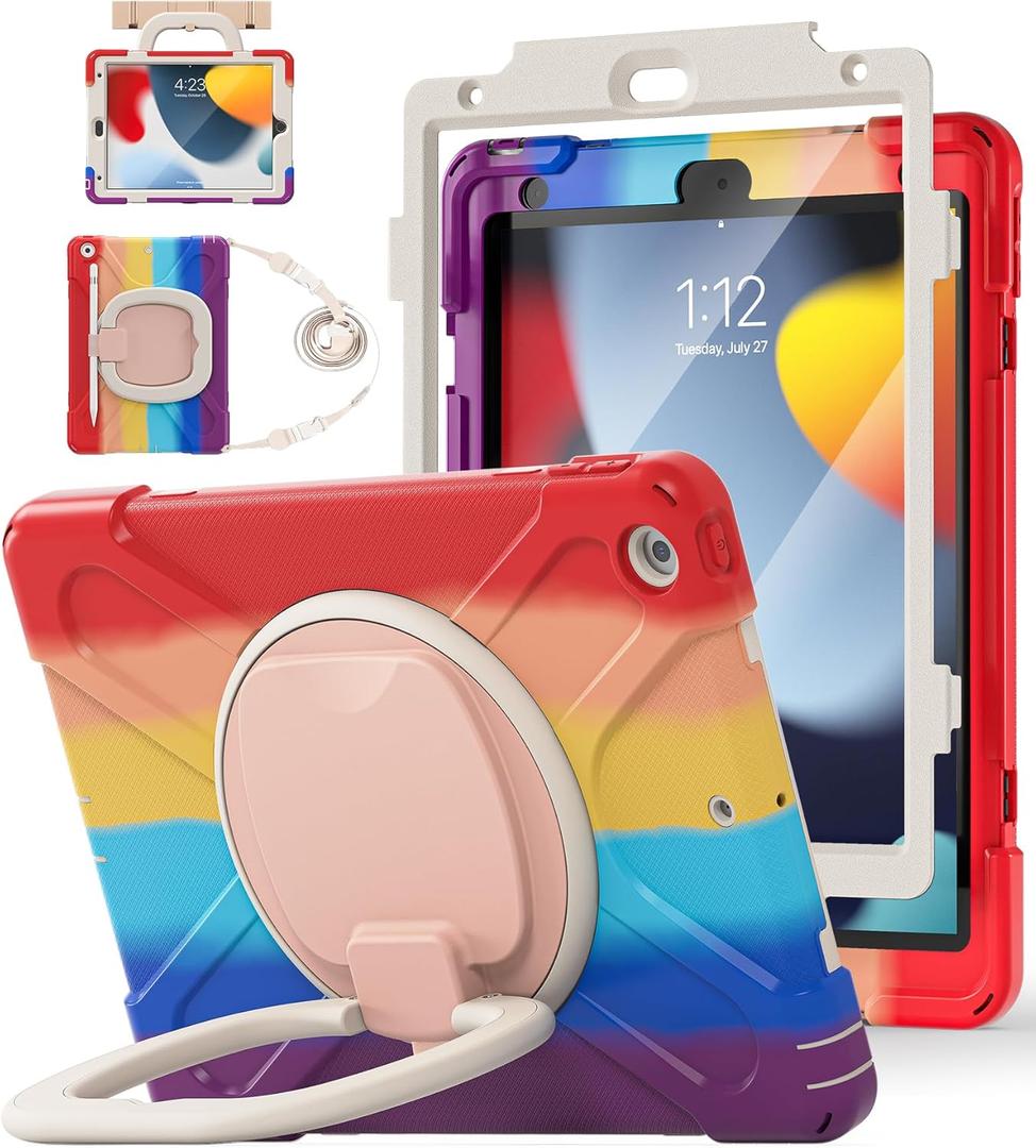 BATYUE for iPad 9th/ 8th/ 7th Generation Case (iPad 10.2 inch Rugged Case 2021/2020/2019) with Screen Protector, Rotating Stand/Pencil Holder/Carrying Shoulder Strap (Colourful Red) (A11-Ring Kickstand(Colorful Red))