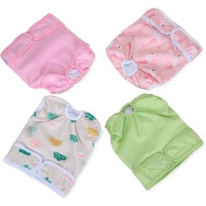 Teamoy Female Dog Diapers for Heat 4-Pack, Reusable Dog Period Diaper Wraps for Incontinence, Training & Housebreaking, Size M (Flamingo+ Cloud+ Green+ Pink (4pcs))