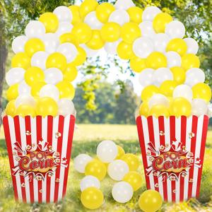 Sosation Giant Popcorn Box Cardboard Stand up with Balloons Movie 3D Popcorn Box Cardboard Stand up and Yellow White Balloons Carnival Decorations for Movie Night Themed Party(1 Pack)