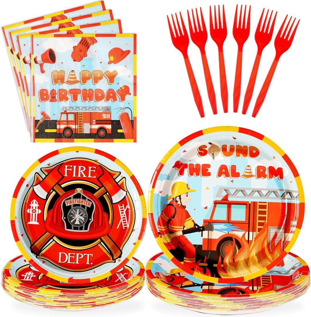 2 x Grencian 96Pcs Firefighter Birthday Party Decorations Fire Truck Party Plates Disposable Firetruck Birthday Paper Tableware Set for Kids Fireman Fire Truck Supplies, Serves 24