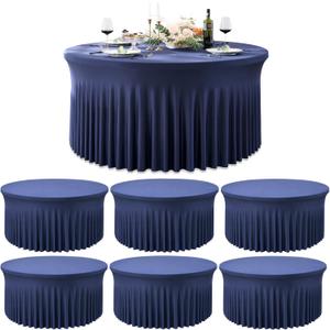 Outpain 6 Pack Spandex Navy Blue Round Tablecloths for 60in Tables, 120Inch Stretchy Fitted 5FT Round Table Clothes,Wrinkle Free Table Cover with Skirt for Wedding Party Dining Banquet