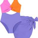 Funnycokid Girls One Piece Swimsuit Color Block Teen Bathing Suit with Pad Cover Up Skirt(7-16Y)