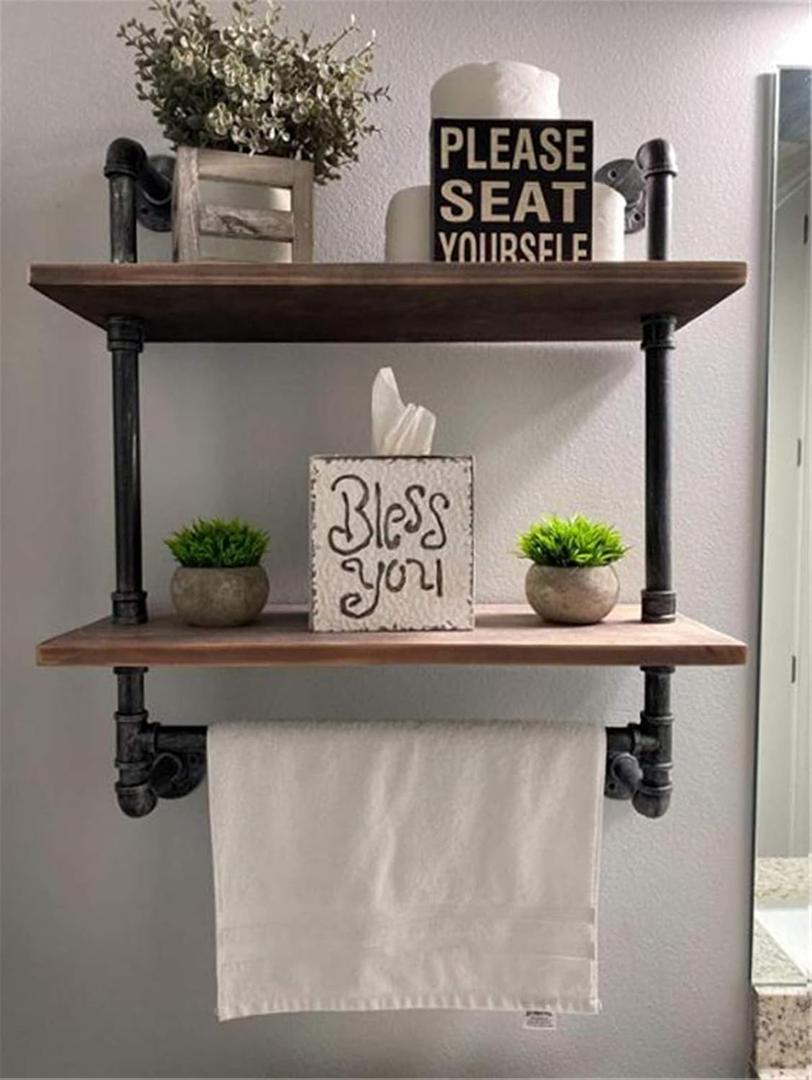 Industrial Pipe Shelf,2 Tiered Metal Towel Racks for Bathroom,20" Industrial Pipe Floating Shelves Shelving,Rustic Wood Wall Mount Shelf with Bar,Iron Towel Holder, Length 20" x Height 27" x Depth 7.87"