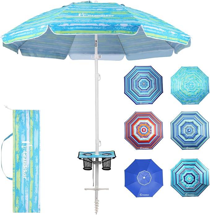 Grandekor 7FT Beach Umbrellas for Sand Heavy Duty Wind Portable Beach Umbrella with Table Travel Beach Umbrella with Carry Bag Sun Umbrella Beach, UV 50+