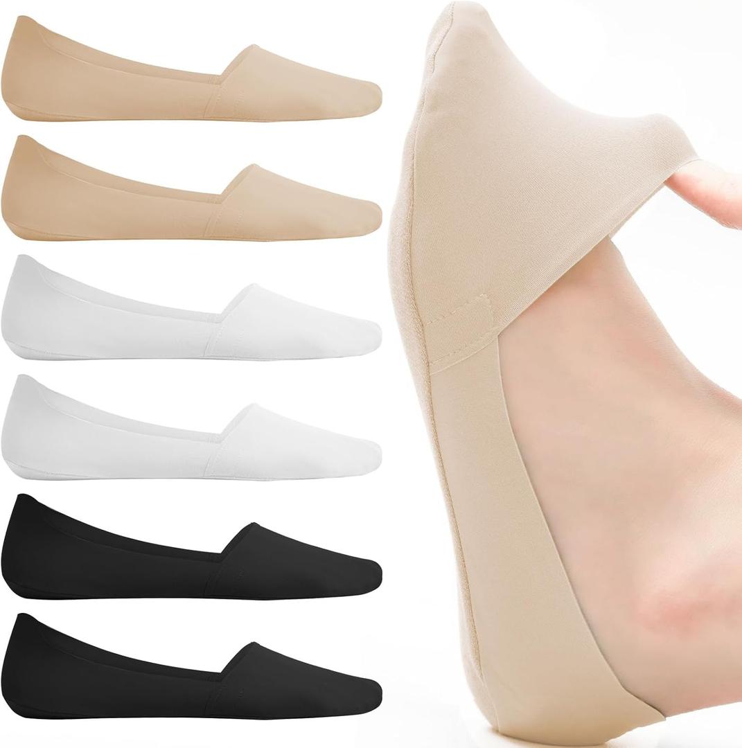 JaosWish No Show Socks Womens for Flats Loafers,No See Footies Nylon Non Slip Invisible Liner Thin Silk Sock 6 Pairs (9-12, 2black+2white+2nude)