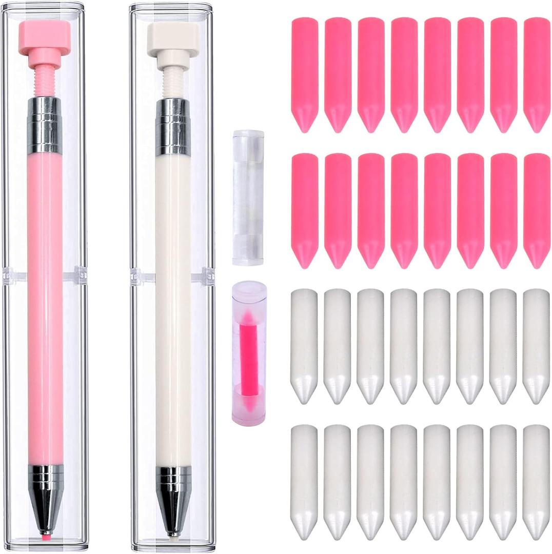 ZYNERY 34 Pcs Diamond Painting Pens Kit, 2 Pcs Refillable Wax Pen with 32 Pcs Wax, Rotating Glue Point Drill Pen for Nail Art, Diamond Art Accessories and Tools, Quickly Pick Up Beads Gem (Pink & White)