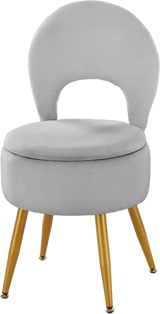 Small Vanity Stool Chair with Storage and Folding Back,4 Metal Legs with Anti-Slip Feet,Round Ottoman with Velvet Seat, Furry Padded Seat for Makeup, Bedroom (Velvet Grey, Standard)