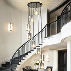 OKELI Modern Long Crystal Chandeliers for High Ceilings, 8-Light Long Black Crystal Pendant Light, Large Round Chandelier High Ceiling Mount for Entryway, Staircase, Foyer