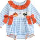 Baby Girl Halloween Outfit Peter Pan Collar Pumpkin Romper Bowknot Onesie Cute Girl Fall Winter Clothes (0-3 Months, Orange)