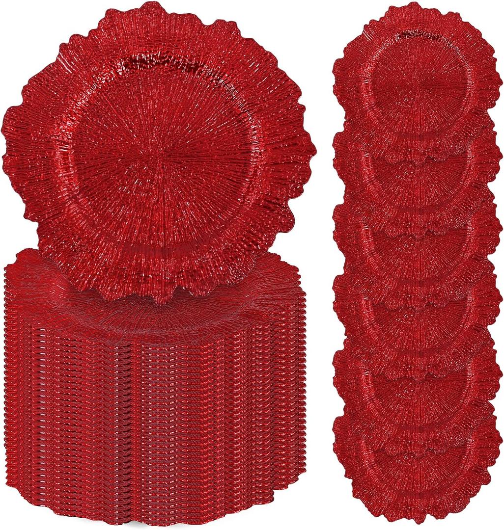 50 Pcs Red Charger Plates Bulk, 13" Reef Plate Chargers for Dinner Plates, Plastic Floral Decorative Plates for Table Setting, Round Table Chargers for Wedding, Christmas, Party, Event, Decoration