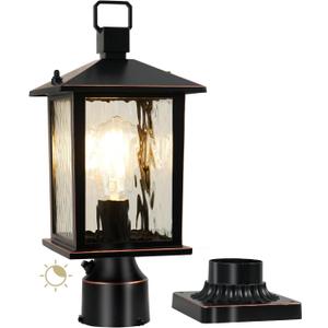 Dusk to Dawn Outdoor Post Light, Hardwired Oil-Rubbed Bronze Pole Lantern with Pier Mount Base, Water Ripple Glass, 17'' Waterproof Lamp Post Light Fixture for Driveway, Pathway, Yard