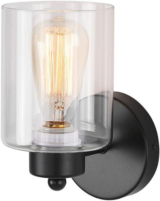 1-Light Bathroom Black Vanity Light Matte Black Wall Sconce Vintage with Clear Glass Shade, Hallway Light Fixture Sconces Wall Lighting