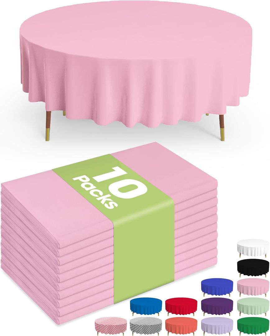 Pureegg Plastic Table Cloth Disposable - 10 Pack, Disposable Table Cloths for Easter Parties, Weddings, Valentines Round Tablecloths, 84'' Pink Plastic Tablecloth, Leakproof & Sturdy, Pink (84" Round)