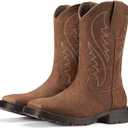 Rollda Cowboy Boots for Men Western Boots Men's Square Toe Chunky Heel Mid-Calf Boots Classic Embroidered Pull On Boots (9.5, Brown)