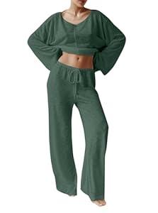 Hilinker Women's Sheer Mesh 2 Piece Pajama Set See Through Long Sleeve Top and Pants Lounge Sets , L