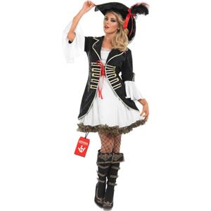 fun shack Pirate Costume Women's Deluxe Buccaneer Outfit with Corset Jacket, Dress, Hat (Black), Small