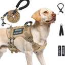 No Pull Tactical Dog Harness for Large Dogs, Escape Proof Molle Dog Vest Harness and Leash Set, Adjustable Military Service Dog Harness with Handle for Medium Large Dogs(Brown,Large)