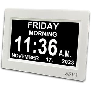 SSYA Digital Calendar Alarm Clock - Dementia Clocks for Seniors, Non-Abbreviated Memory Loss Clock with Date and Time for Elderly (White)