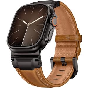 Leather Bands Compatible with Apple Watch Ultra 3/2/1 Band 49mm 46mm 45mm 44mm 42mm Men, Leather Metal Connector Strap for iWatch Ultra Series 11/10/9/8/7/SE/6/5/4/3/2/1, Retro Brown/Black