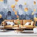 Blue and Gold Geometric Wallpaper Mural for Living Room BedroomNot Peel and Stick (160" x 106", CYBH-930)