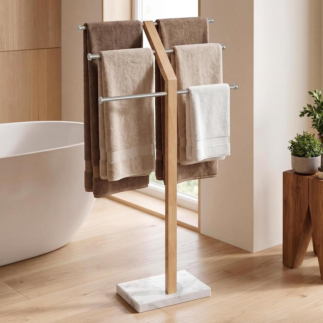KES No Wobble Wooden Standing Towel Rack with Weighted Natural Marble Base