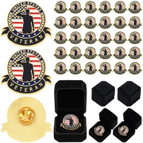 Yaomiao 30 Pcs Veteran Lapel Pins Bulk with Velvet Jewelry Box, Veteran Day Gift Patriotic American Flag USA Military Brooch Pins for Memorial Day Souvenir Gift Badge