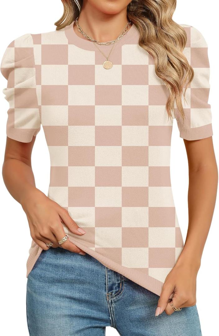 AKEWEI Puff Short Sleeve Sweater for Women Tops Trendy Spring Summer 2025 Business Casual Outfits Knit Crewneck Shirt Blouses (Large, Khaki Plaid)