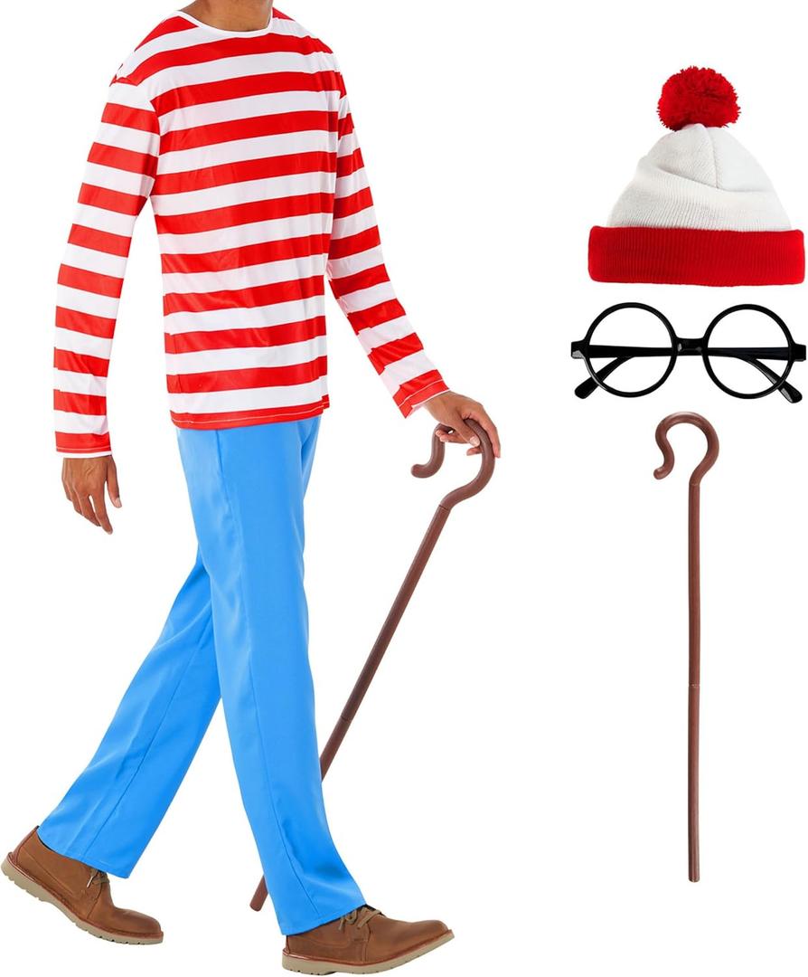 Morph Red and White Stripe Shirt With Hat, Cane and Glasses, Adult Book Character Costume, Halloween Costumes For Adults (Medium)