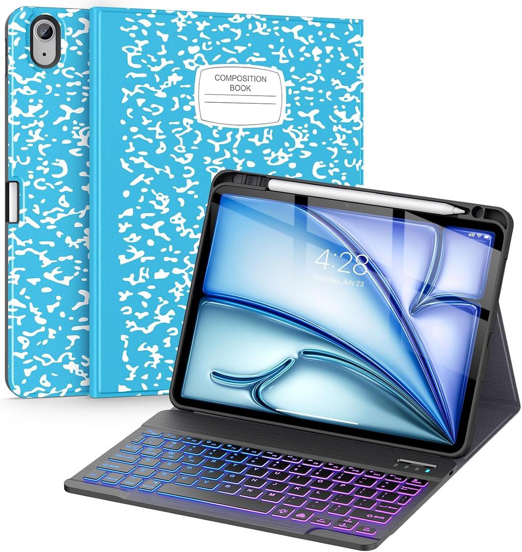 Supveco Keyboard Case for iPad Air 11 Inch (M4 2026,M3 2025,M2 2024),iPad Air 5th/4th Generation with Pencil Holder-7 Colors Backlit Wireless Detachable Folio Keyboard Cover -Sky Blue