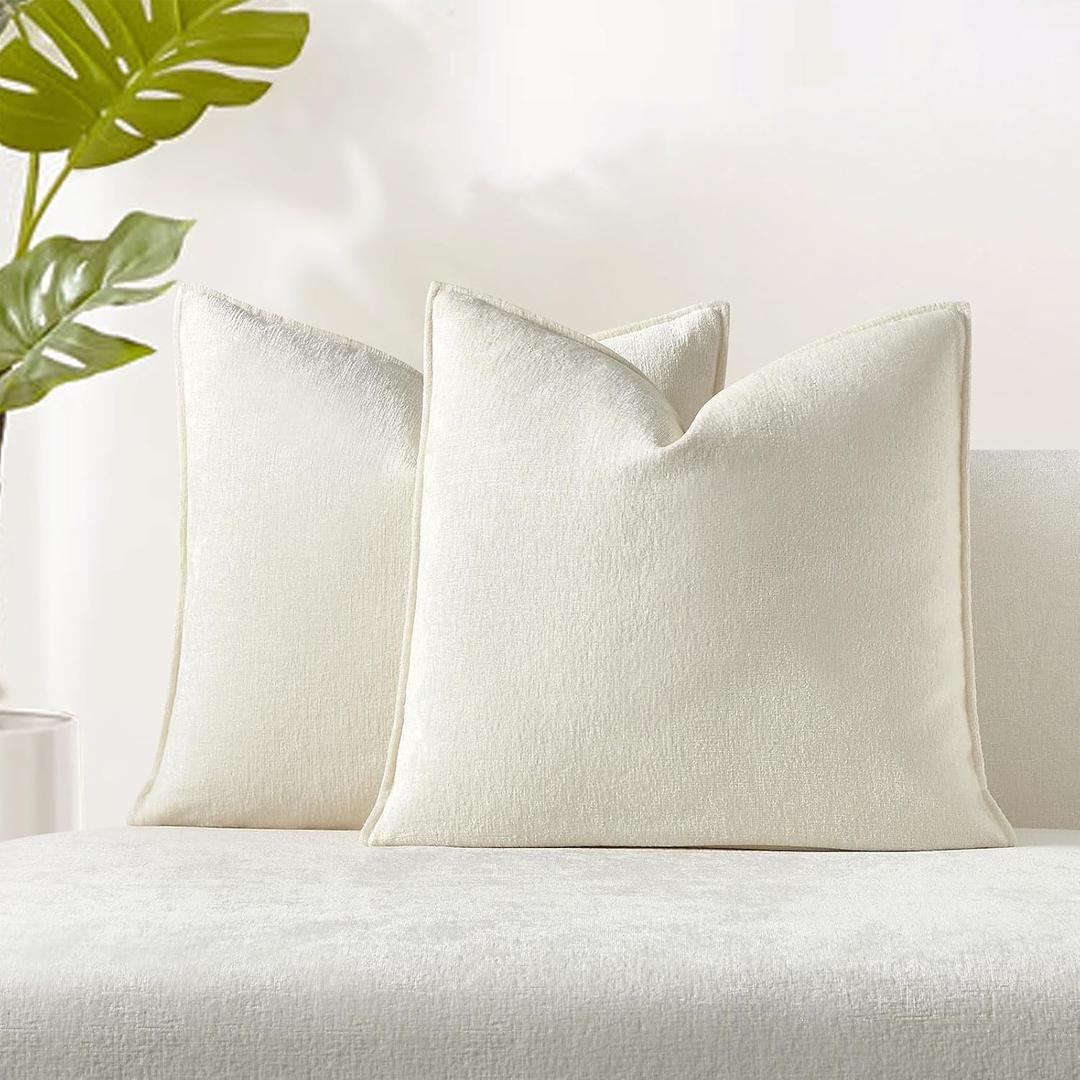 JUSPURBET Throw Pillow Covers 20x20 Set of 2 Decorative Pillow Covers for Couch Sofa Bed Cozy Chenille Cushion Covers Cases with Invisible Zipper for Living Room Home Decor,Cream