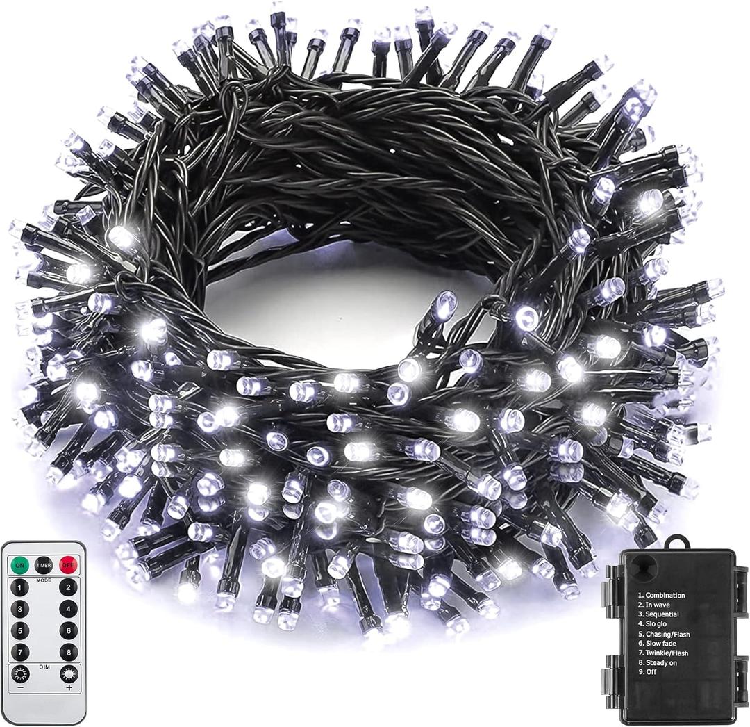 Outdoor Christmas String Lights 33Ft 100LED Battery Fairy Lights for Indoor Outdoor Waterproof Remote Timer 8Modes String Lights for Garden Party Holiday Xmas Trees Dcor (Cold White) (100LED, Cold White)