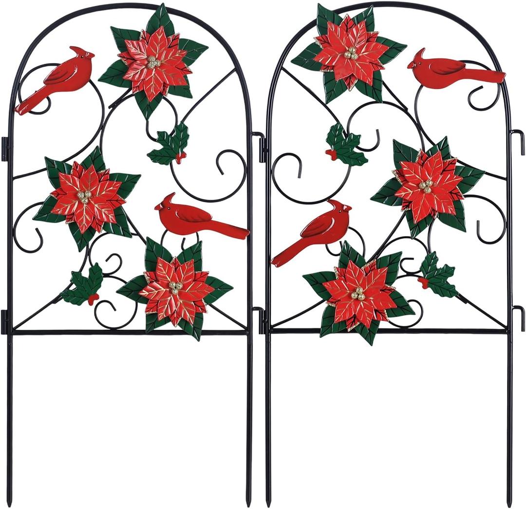 hogardeck Outdoor Christmas Decorations, 2 Pcs Metal Fence Floral Decorative Garden Stakes with Poinsettia Red Birds for Christmas Decor, Yard Signs for Garden Lawn Patio Home
