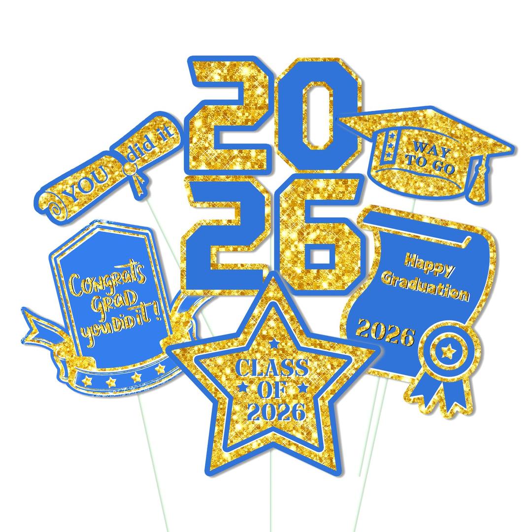6Pcs 2026 Graduation Centerpieces Sticks, DIY Table & Flowerpot Graduations Party Centerpieces for Tables, Glitter 2026 Graduation Table Centerpieces Decorations (Blue)