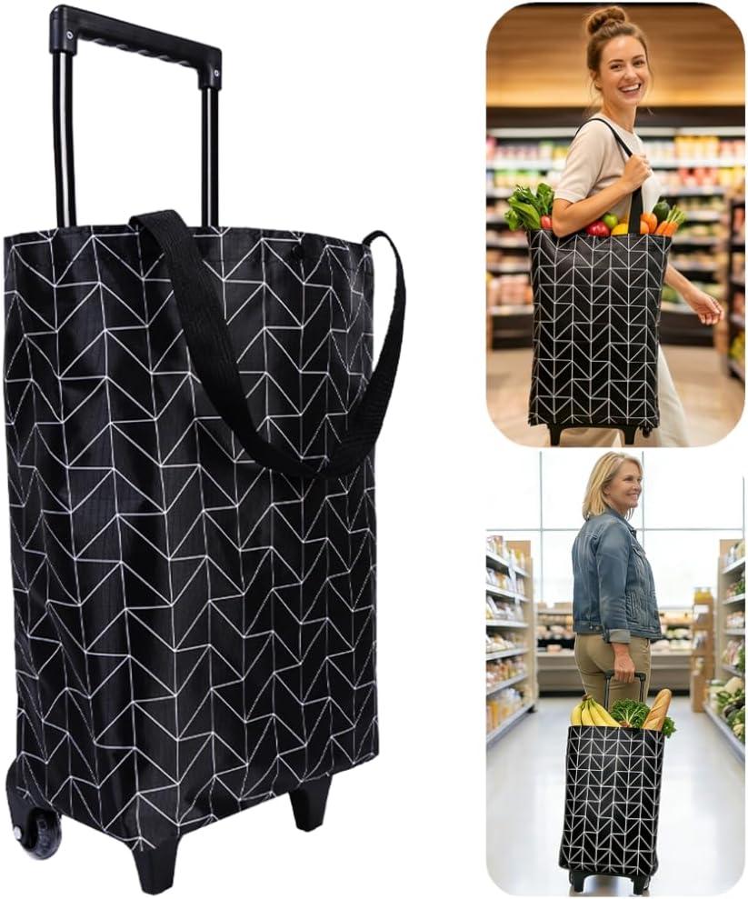 Rolling Shopping Bag, Small Shopping Cart with Wheels,Collapsible Portable Waterproof Tote for Market & Grocery Runs–Gift for Women & Seniors (Black)