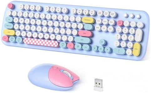 Dilter Wireless Keyboard and Mouse Combo, Full-Sized Typewriter Keyboards, Cute Cat Shaped Wireless Mouse, USB Plug and Play for Windows, Computer, PC, Laptop, Desktop (Blue Colorful)