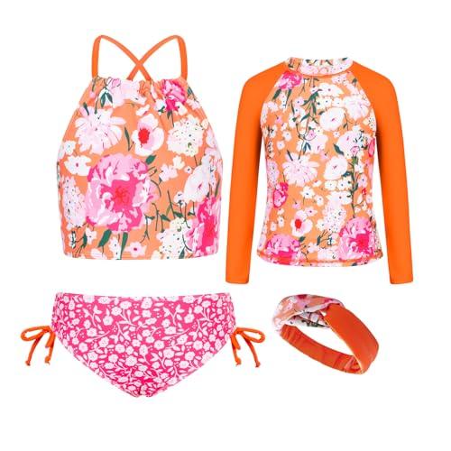 GRACE KARIN Girl Tankini Set Rash Guard Swimsuit Long Sleeve Bathing Suit Size 10 Orange Floral