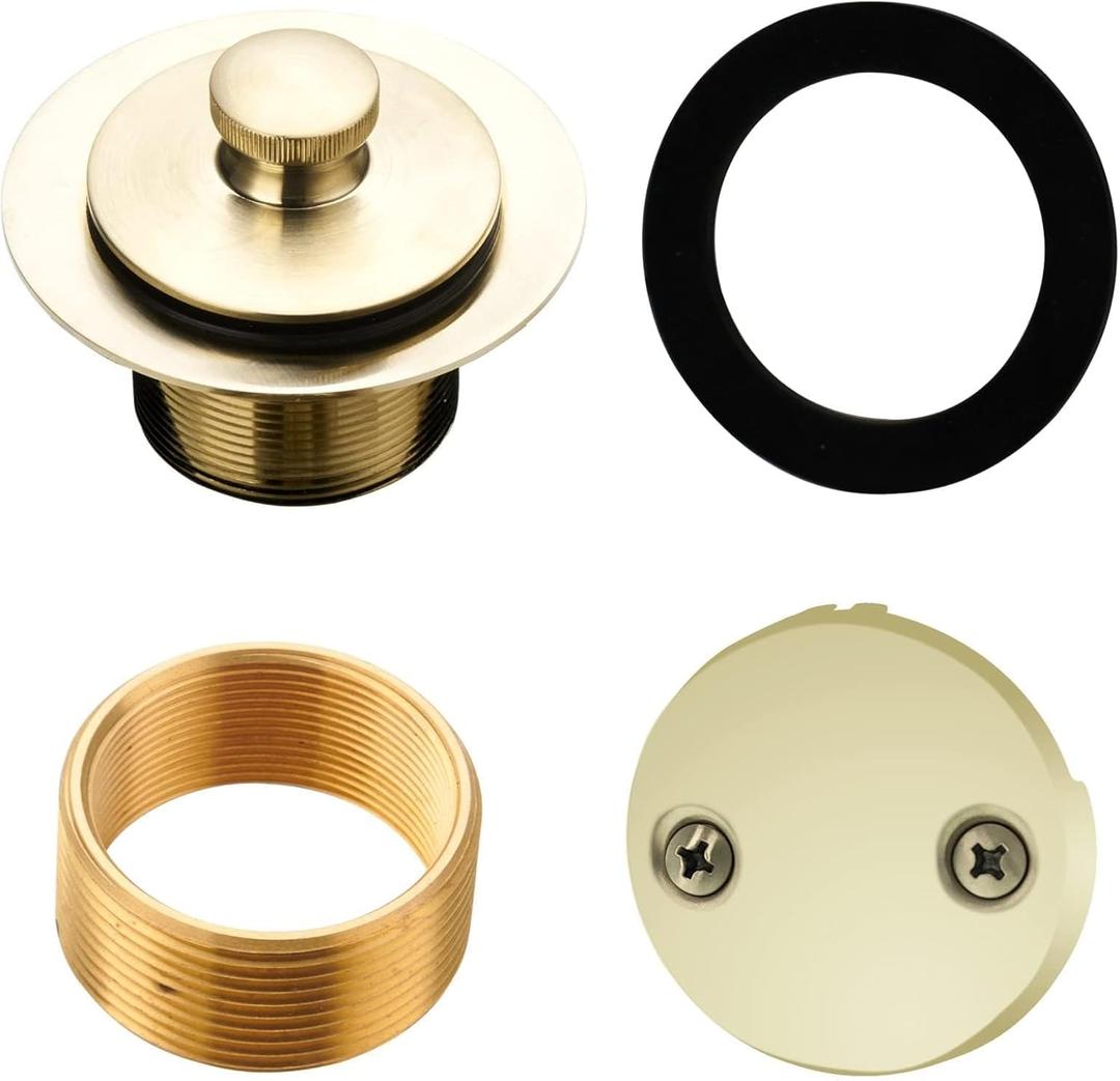 Gold Brushed tub Drain Lift &Turn Tub Trim Set with Two-Hole Overflow Faceplate Conversion Kit Assembly, Hidrop Bathtub Drain Replacement Trim Kit and Universal Fine/Coarse Thread, Gold Brushed