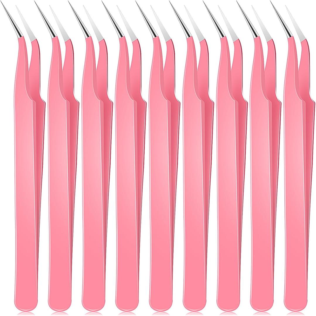 Honoson 9 Pieces Curved Pointed Craft Tweezers Stainless Steel Precision Tweezer with Protective Cover for Rhinestones Dried Flowers Craft Stickers Eyelash Extension Jewelry Making(Pink)
